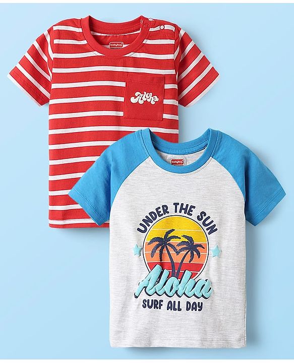 Babyhug Cotton Knit Half Sleeves T-Shirts With Stripes & Aloha Text Print Pack Of 2 - Red & Blue