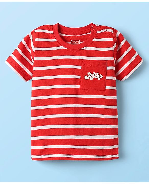 Babyhug Cotton Knit Half Sleeves T-Shirts With Stripes & Aloha Text Print Pack Of 2 - Red & Blue