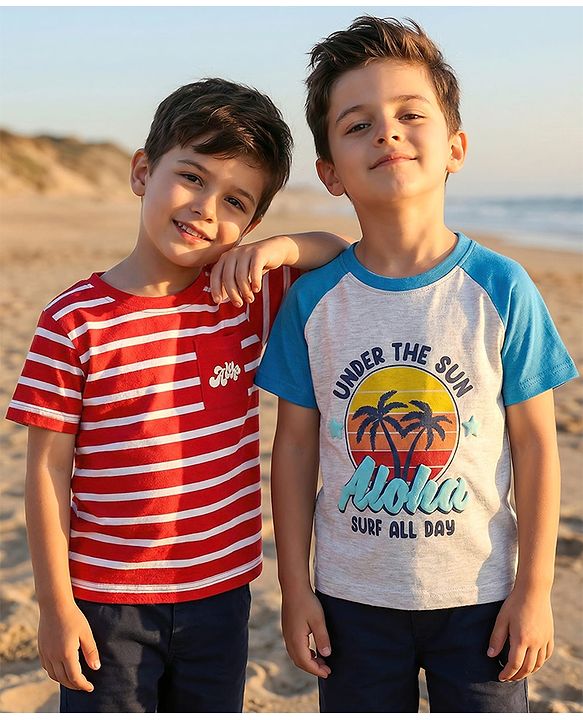 Babyhug Cotton Knit Half Sleeves T-Shirts With Stripes & Aloha Text Print Pack Of 2 - Red & Blue