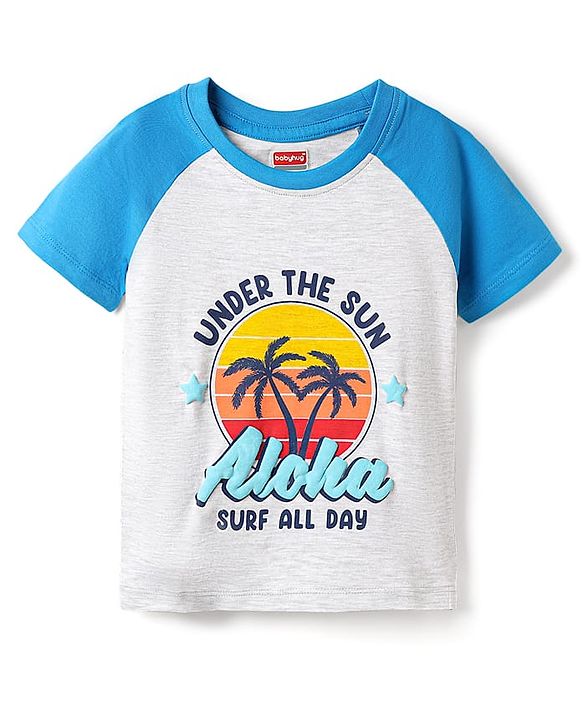 Babyhug Cotton  Knit Half Raglan Sleeves With Under The Sun Text Print - White & Blue