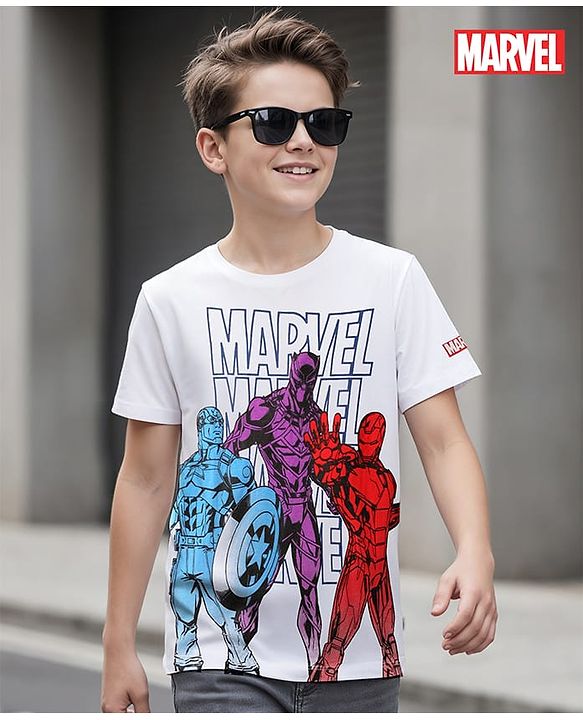 Pine Kids Marvel Cotton Knit Half Sleeves T-Shirt with Avengers Graphics -White