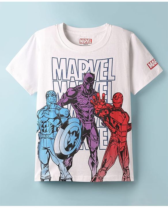 Pine Kids Marvel Cotton Knit Half Sleeves T-Shirt with Avengers Graphics -White