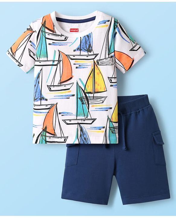 Babyhug Single Jersey Knit Half Sleeves T-Shirt & Shorts Set with Ship Print - Navy Blue & White