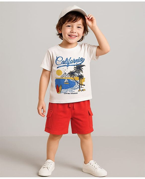 Babyhug Single Jersey Knit Half Sleeves T-Shirt & Shorts Set with Beach Theme Print - Red & White