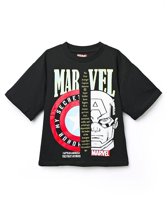Pine Kids Marvel Terry Knit Oversized Drop Shoulder Half Sleeve T-Shirt With Avengers Graphics - Black