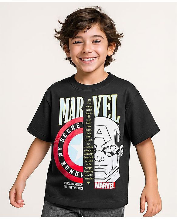 Pine Kids Marvel Terry Knit Oversized Drop Shoulder Half Sleeve T-Shirt With Avengers Graphics - Black