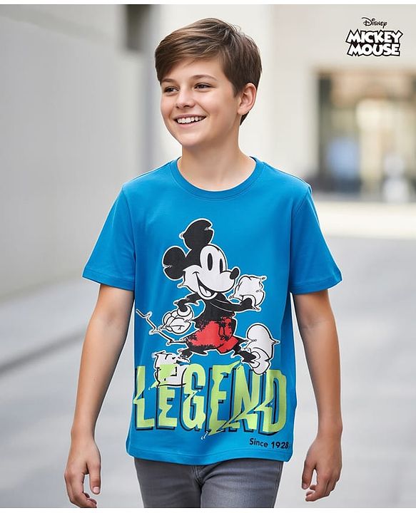 Pine Kids Disney Single Jersey Knit Half Sleeves T-Shirt with Mickey Mouse Graphics - Blue