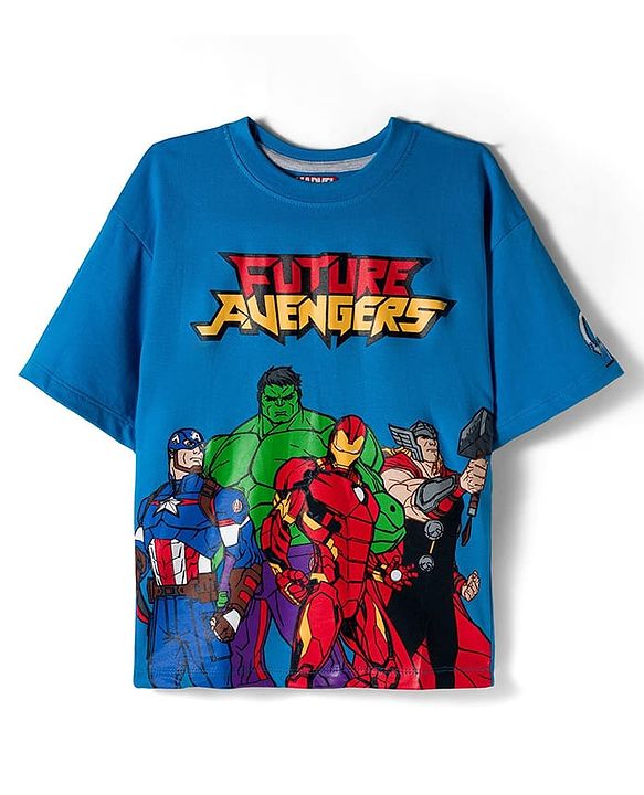 Pine Kids Marvel Terry Knit Drop Shoulder Half Sleeves Oversized T-Shirt with Avengers Graphics - Blue