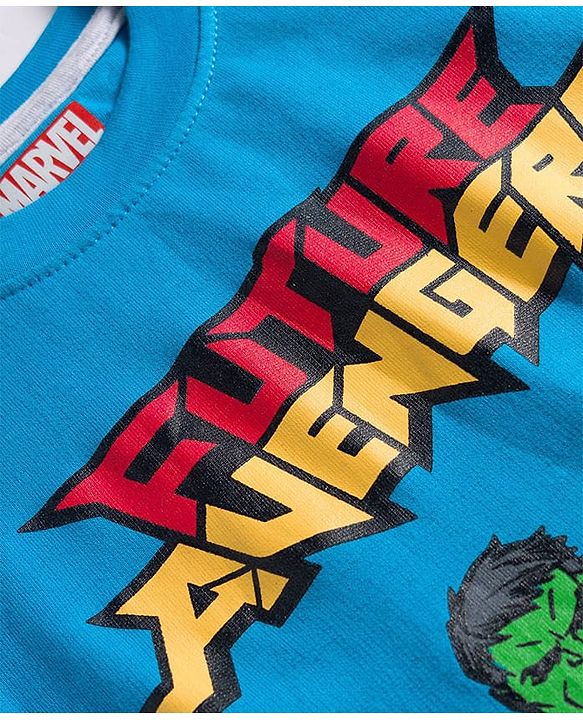 Pine Kids Marvel Terry Knit Drop Shoulder Half Sleeves Oversized T-Shirt with Avengers Graphics - Blue