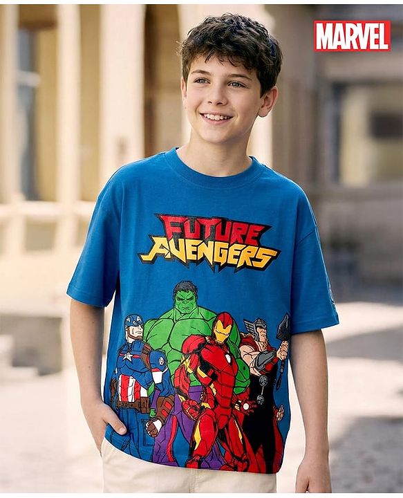 Pine Kids Marvel Terry Knit Drop Shoulder Half Sleeves Oversized T-Shirt with Avengers Graphics - Blue