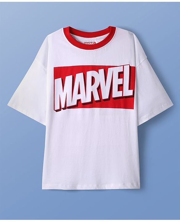 Pine Kids Marvel Single Jersey Knit Half Drop Shoulder Sleeves Oversized Shorts Night Suit with Avengers Graphics - Red & White