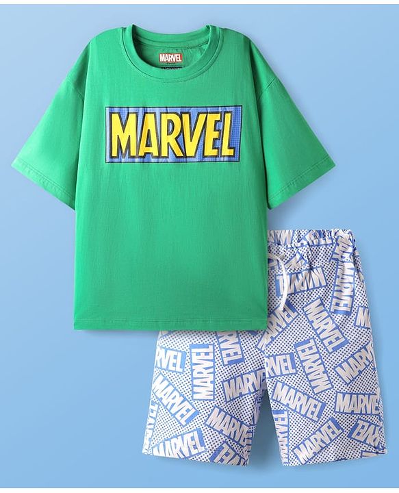 Pine Kids Marvel 100% Cotton Over Size Drop Shoulder Half Sleeves Shorts Night Suit With Avenger Graphics - Multi Colour