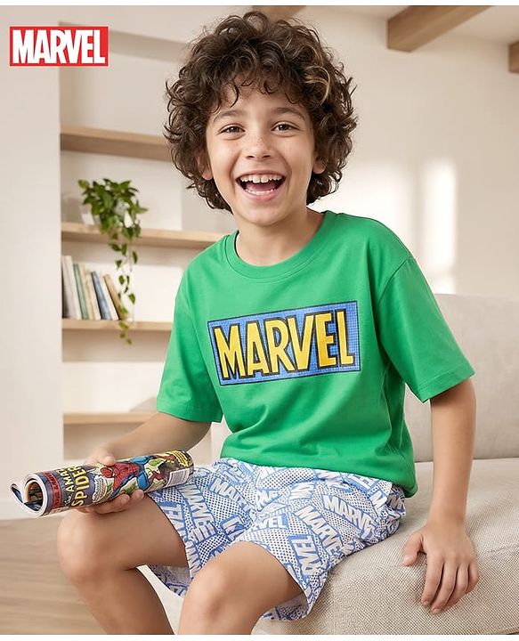 Pine Kids Marvel 100% Cotton Over Size Drop Shoulder Half Sleeves Shorts Night Suit With Avenger Graphics - Multi Colour