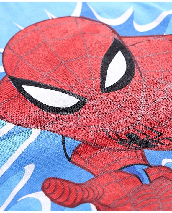 Pine Kids Marvel Single Jersey Knit Half Drop Shoulder Sleeves Oversized Shorts Night Suit with Spiderman Graphics - Light Blue