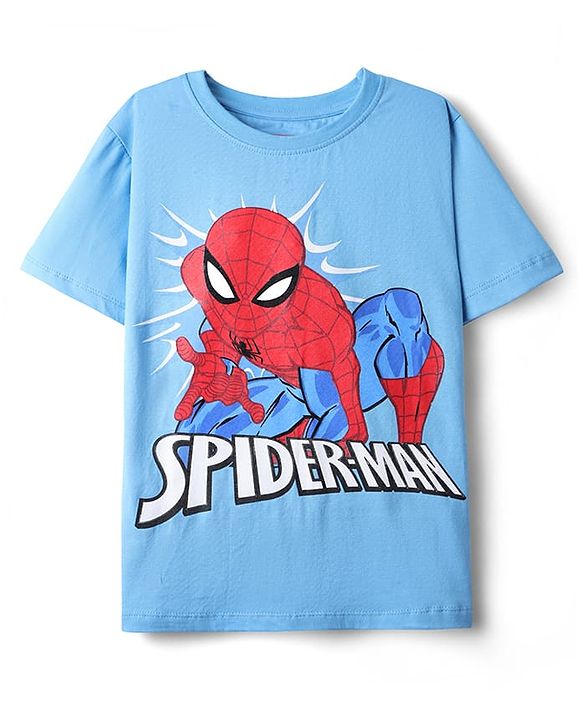 Pine Kids Marvel Single Jersey Knit Half Drop Shoulder Sleeves Oversized Shorts Night Suit with Spiderman Graphics - Light Blue