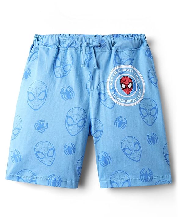 Pine Kids Marvel Single Jersey Knit Half Drop Shoulder Sleeves Oversized Shorts Night Suit with Spiderman Graphics - Light Blue