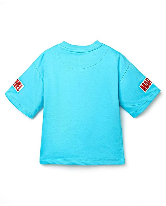 Pine Kids Marvel Terry Knit Oversized Drop Shoulder Half Sleeve T-Shirt With Avengers Iron Man Graphics - Light Blue