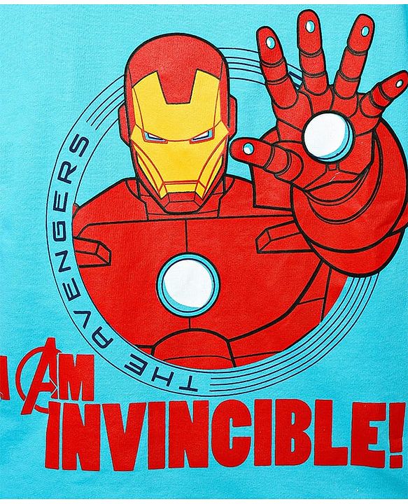 Pine Kids Marvel Terry Knit Oversized Drop Shoulder Half Sleeve T-Shirt With Avengers Iron Man Graphics - Light Blue