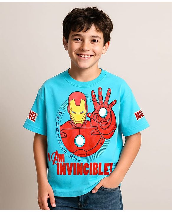 Pine Kids Marvel Terry Knit Oversized Drop Shoulder Half Sleeve T-Shirt With Avengers Iron Man Graphics - Light Blue