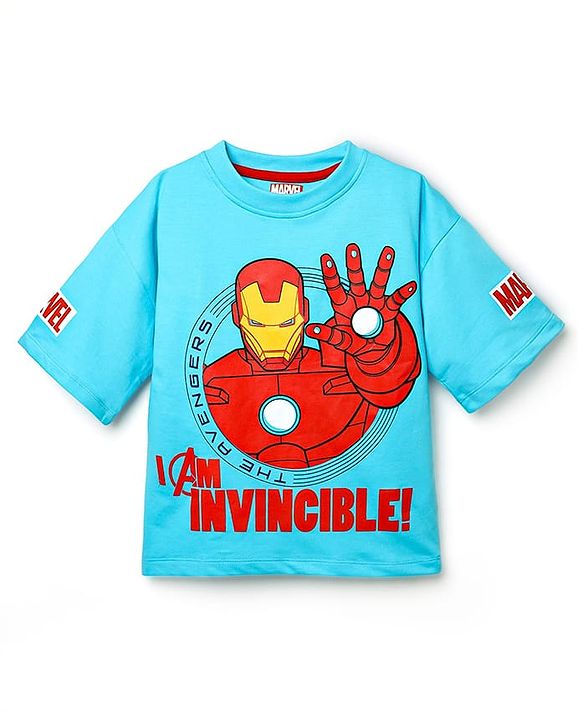 Pine Kids Marvel Terry Knit Oversized Drop Shoulder Half Sleeve T-Shirt With Avengers Iron Man Graphics - Light Blue