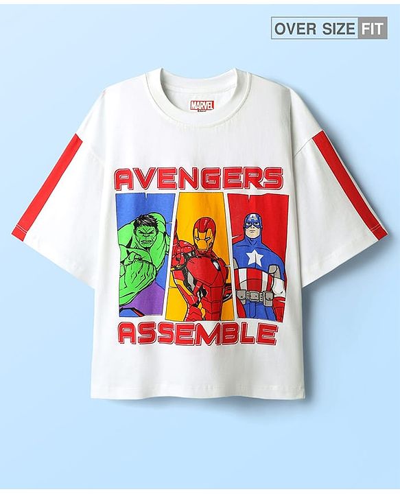 Pine Kids Marvel Single Jersey Knit Oversized Drop Shoulder Half Sleeves T-Shirt with Avengers Graphics - White