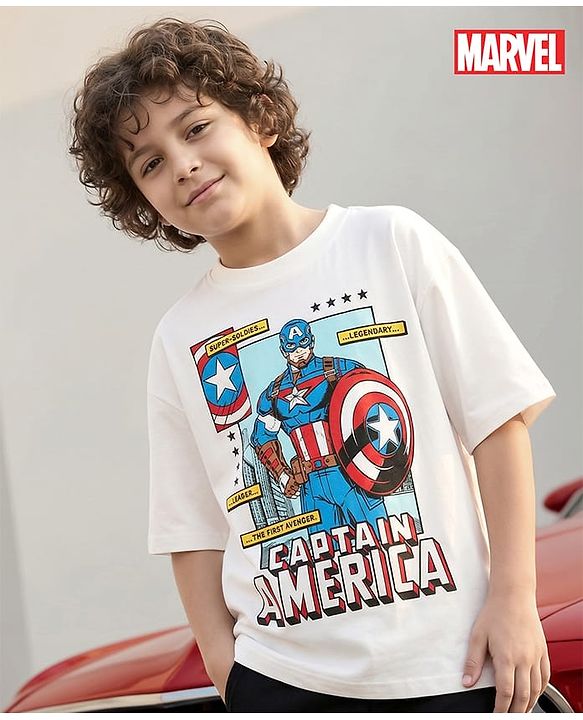Pine Kids Marvel Single Jersey Knit Half Drop Shoulder Sleeves Oversized T-Shirt With Captain America Graphics - White