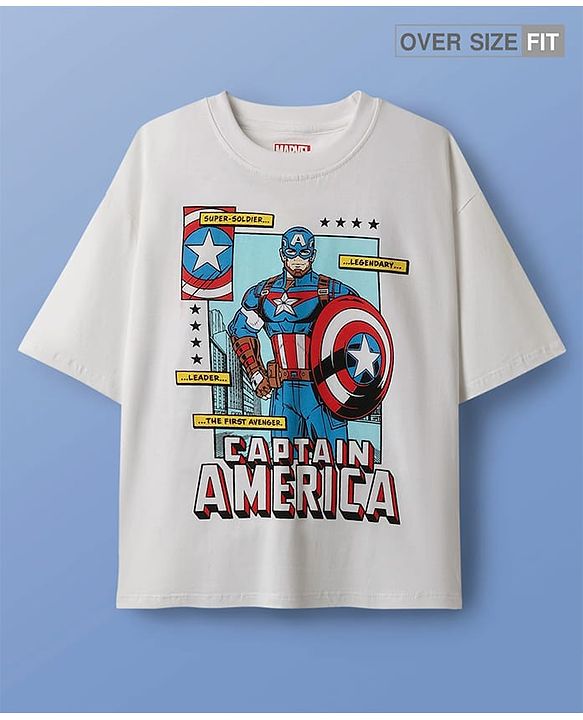 Pine Kids Marvel Single Jersey Knit Half Drop Shoulder Sleeves Oversized T-Shirt With Captain America Graphics - White