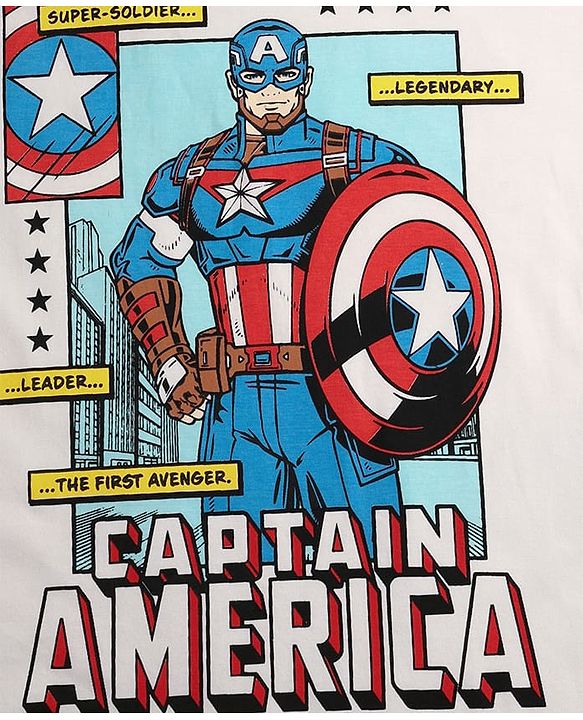 Pine Kids Marvel Single Jersey Knit Half Drop Shoulder Sleeves Oversized T-Shirt With Captain America Graphics - White