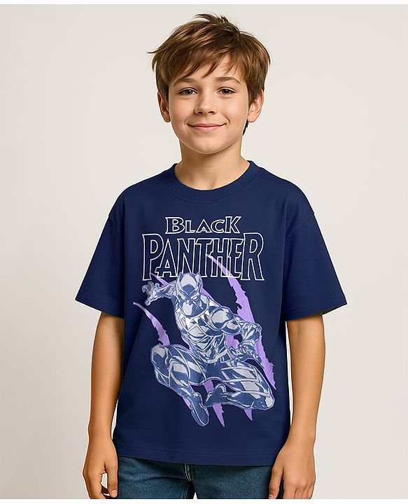 Pine Kids Marvel Single Jersey Knit Oversized Drop Shoulder Half Sleeve T-Shirt with Avengers Black Panther Graphics - Navy Blue