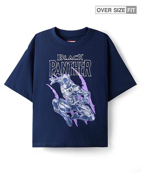 Pine Kids Marvel Single Jersey Knit Oversized Drop Shoulder Half Sleeve T-Shirt with Avengers Black Panther Graphics - Navy Blue