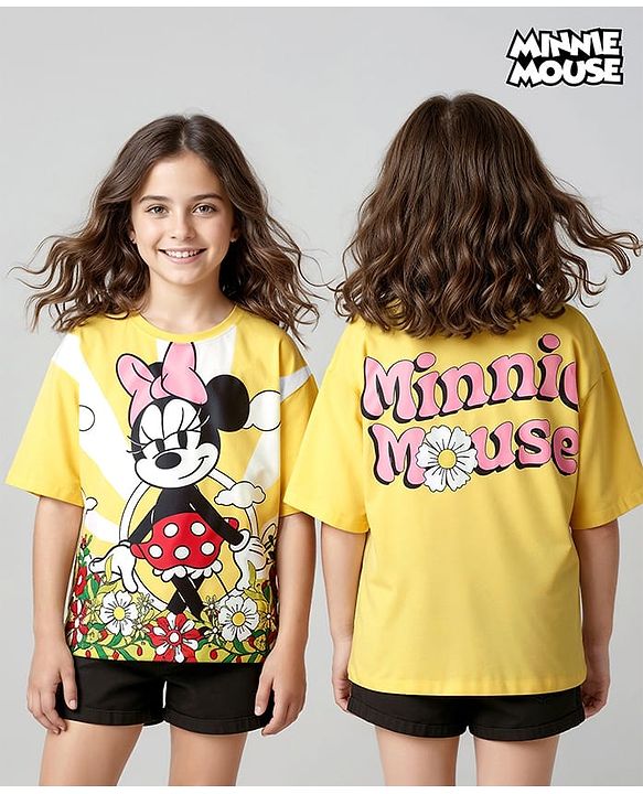 Pine Kids Disney Single Jersey Knit Oversize Drop Shoulder Half Sleeves T-Shirt with Front and Back Minnie Mouse Graphics - Yellow