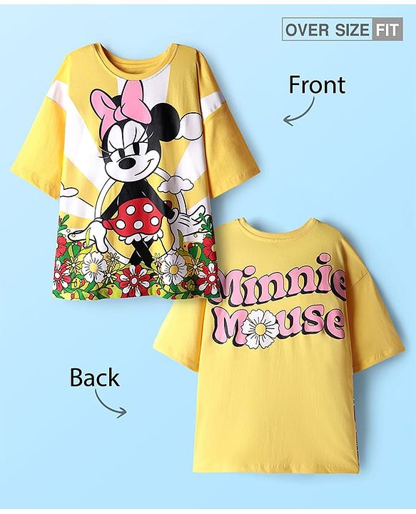 Pine Kids Disney Single Jersey Knit Oversize Drop Shoulder Half Sleeves T-Shirt with Front and Back Minnie Mouse Graphics - Yellow