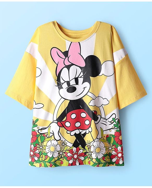 Pine Kids Disney Single Jersey Knit Oversize Drop Shoulder Half Sleeves T-Shirt with Front and Back Minnie Mouse Graphics - Yellow