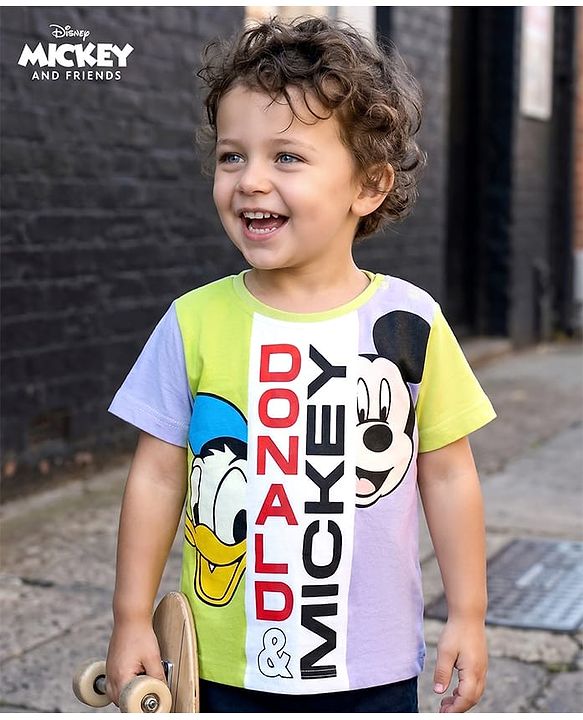 Babyhug Disney Single Jersey Knit Half Sleeves Cut & Sew T-Shirt with Mickey & Friends Graphics - Multicolor
