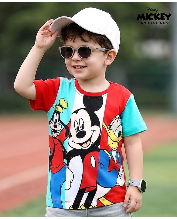 Babyhug Disney Single Jersey Knit Half Sleeves T-Shirt With Mickey And Friends Graphics - Red & Aqua Blue