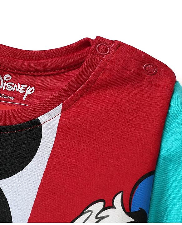 Babyhug Disney Single Jersey Knit Half Sleeves T-Shirt With Mickey And Friends Graphics - Red & Aqua Blue