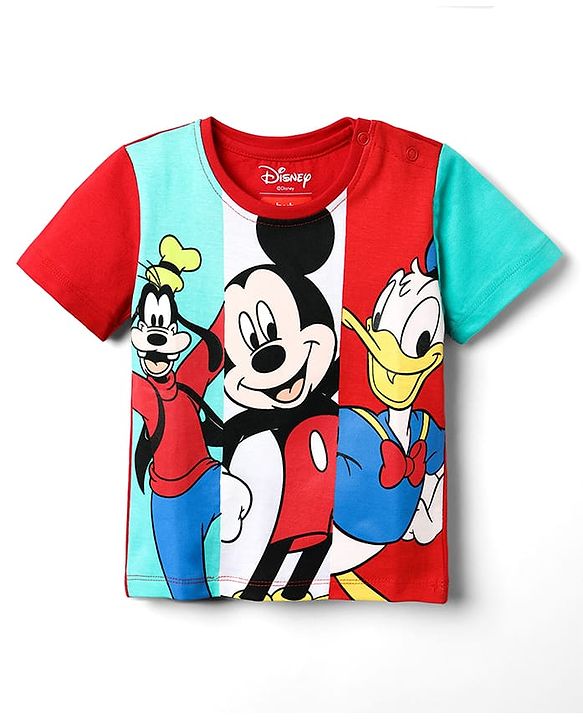Babyhug Disney Single Jersey Knit Half Sleeves T-Shirt With Mickey And Friends Graphics - Red & Aqua Blue