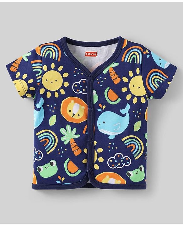 Babyhug 100% Cotton Knit Half Sleeves Front Open jhabla With Stripes & Animal Print Pack Of 3 - Orange Navy Blue & Yellow