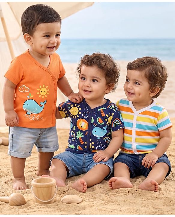 Babyhug 100% Cotton Knit Half Sleeves Front Open jhabla With Stripes & Animal Print Pack Of 3 - Orange Navy Blue & Yellow