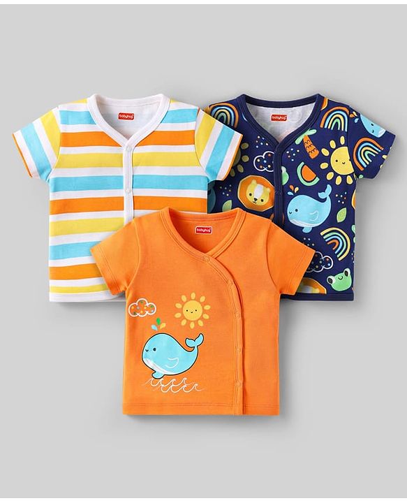 Babyhug 100% Cotton Knit Half Sleeves Front Open jhabla With Stripes & Animal Print Pack Of 3 - Orange Navy Blue & Yellow