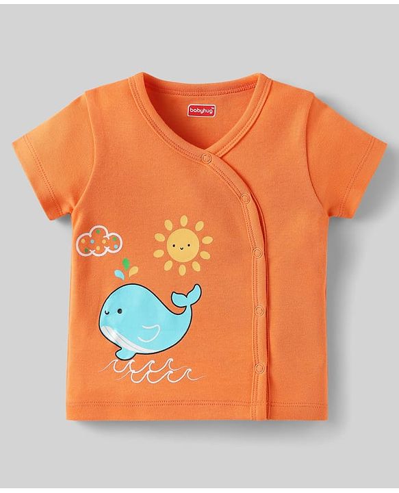 Babyhug 100% Cotton Knit Half Sleeves Front Open jhabla With Stripes & Animal Print Pack Of 3 - Orange Navy Blue & Yellow