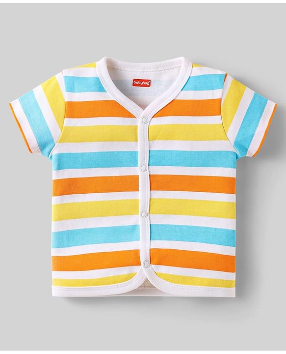 Babyhug 100% Cotton Knit Half Sleeves Front Open jhabla With Stripes & Animal Print Pack Of 3 - Orange Navy Blue & Yellow
