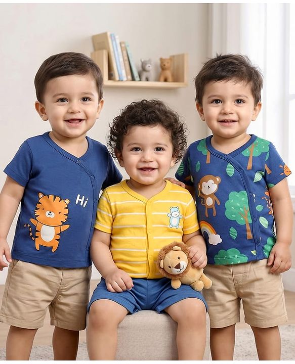 Babyhug 100% Cotton Interlock Knit Front Open jhabla With Animal Print Pack Of 3 - Navy Blue & Yellow