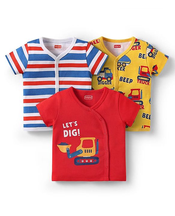 Babyhug 100% Cotton Interlock Knit Front Open Half Sleeves jhablas With Stripes & Vehicle Print Pack Of 3 - Red Blue & Yellow