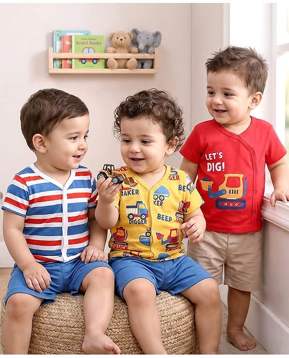 Babyhug 100% Cotton Interlock Knit Front Open Half Sleeves jhablas With Stripes & Vehicle Print Pack Of 3 - Red Blue & Yellow