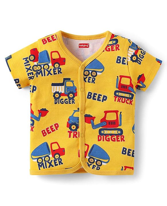 Babyhug 100% Cotton Interlock Knit Front Open Half Sleeves jhablas With Stripes & Vehicle Print Pack Of 3 - Red Blue & Yellow
