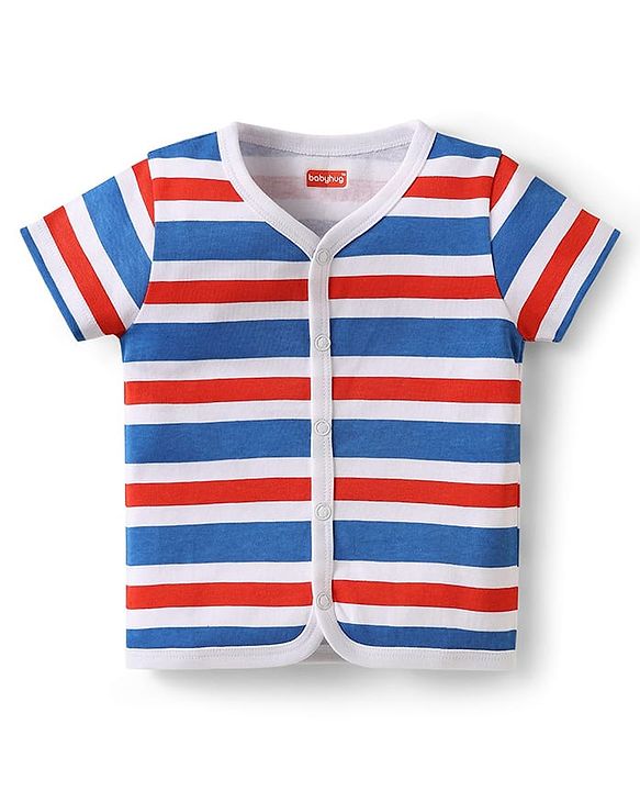Babyhug 100% Cotton Interlock Knit Front Open Half Sleeves jhablas With Stripes & Vehicle Print Pack Of 3 - Red Blue & Yellow