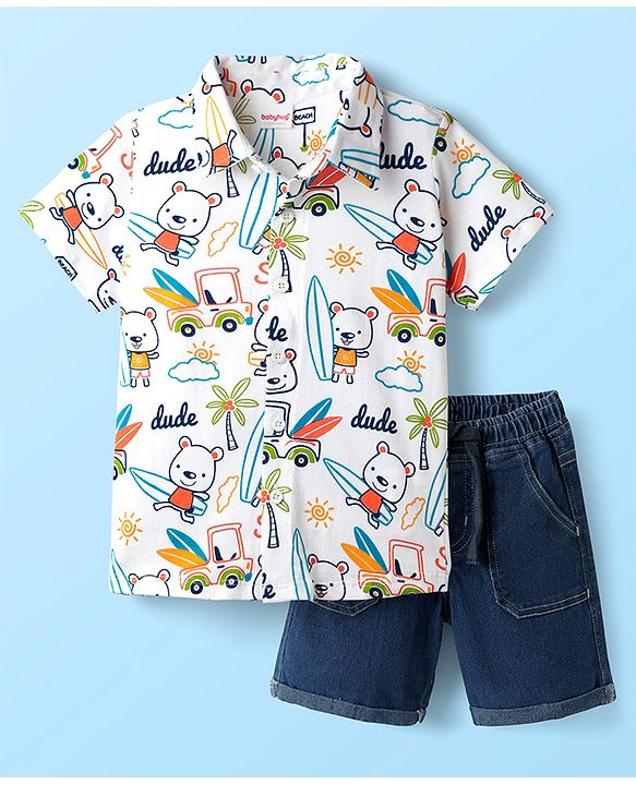 Babyhug Poplin Woven Half Sleeves Beach Theme Printed Shirt & Shorts Set - White & Navy Blue