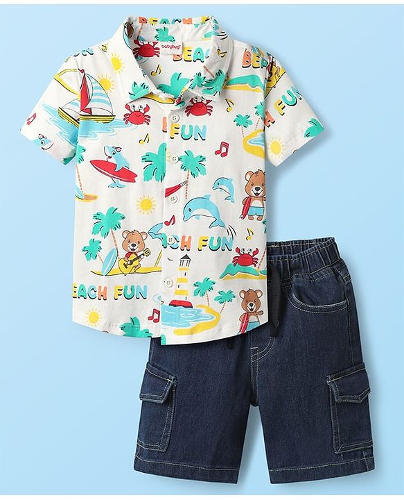 Babyhug Single Jersey Knit Half Sleeves Striped T-Shirt & Shorts Set with Beach Theme Print - Light Blue