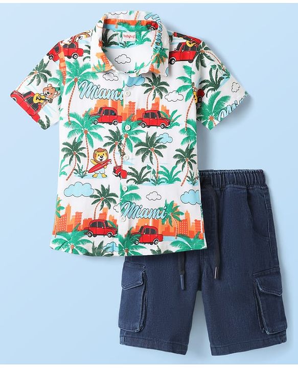Babyhug Single Jersey Knit Half Sleeves Shirt & Denim Shorts Set With Beach Theme Print - White & Blue